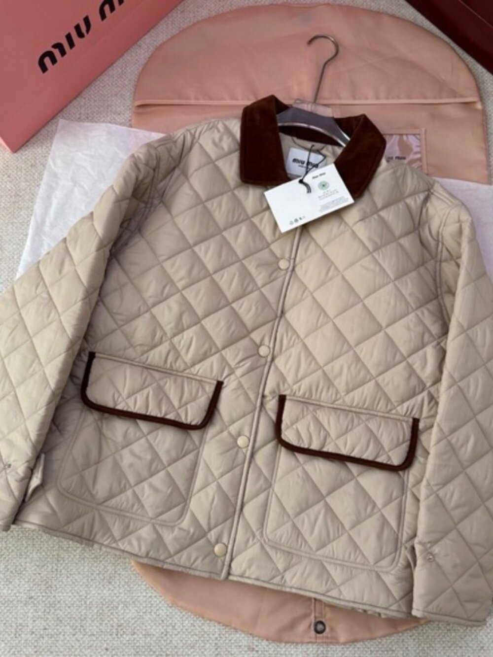 Miu Miu Quilted Cream Jacket with Brown Collar